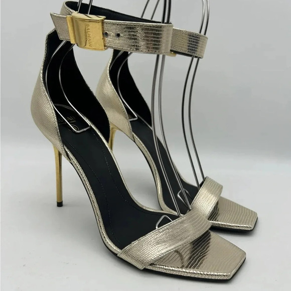 Balmain Uma Lizard-Embossed Leather Sandals Gold Women’s EU 37.5 New In box - Picture 8 of 16